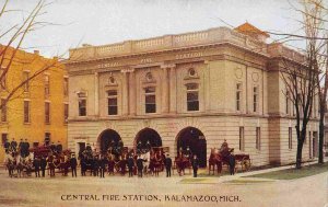 Central Fire Station Fire Wagons Kalamazoo Michigan 1910c postcard