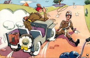 Humor comic caricature postcard military jeep and crash J. Maezelle