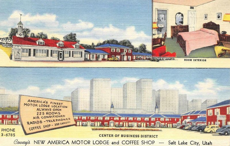 NEW AMERICA MOTOR LODGE Salt Lake City, Utah Roadside ca 1940s Linen Postcard