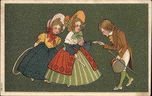 Gentleman Boy Greets Little Girls in Fancy Dresses c1910 EMBOSSED PC