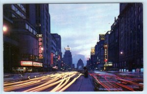 MEXICO CITY ~ Night Neon STREET SCENE ~ CINE PRADO Monument c1960s Postcard