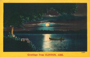 1953 Linen Postcard • Canoe, Lake • Greetings From Clinton Arkansas