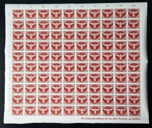 THIRD REICH ORIGINAL COMPLETE SHEET WW2 FELDPOST 1943 SMALL PACKET STAMPS MNH