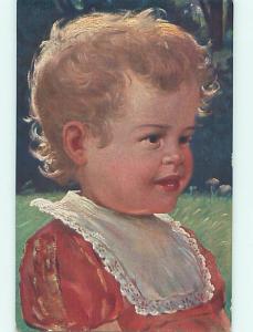 Pre-Linen foreign SHORT HAIRED EUROPEAN GIRL IN RED DRESS J5397