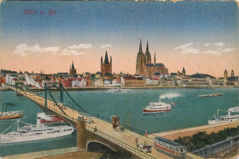 Germany navigation themed postcard Koln a. Rhein pleasure cruises bridge tram