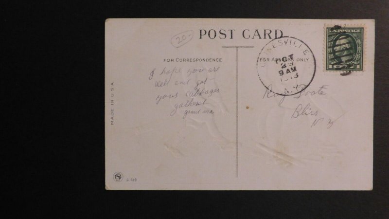 1913 USA Halloween Postcard Cover From Gainesville NY to Bliss NY Greetings