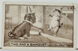 Cats Partying US TWO AND A BANQUET Spilled Milk c1910 Postcard D3