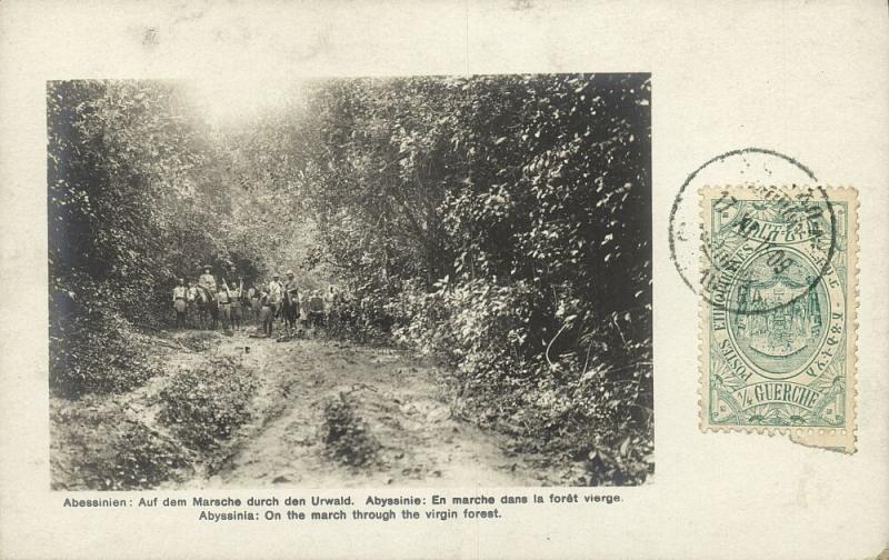 ethiopia abyssinia, On the March through the Virgin Forest (1909) RPPC, Stamp