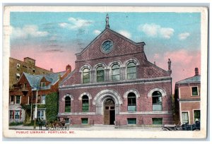 1921 Horse Carriage, Entrance to Public Library Portland Maine ME Postcard 