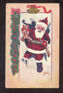 ARTIST SIGNED BEATY SANTA CLAUS DARK RED ROBE GUN VINTAGE CHRISTMAS POSTCARD