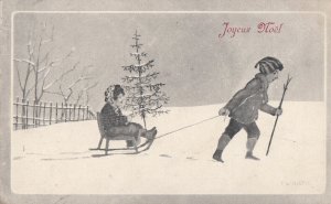 F. Wielchs signed children couple winter seasonal sledge Christmas tree 1912 