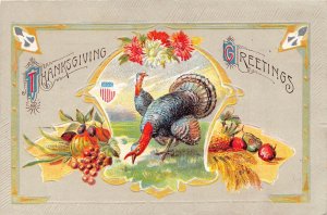 Thanksgiving 1910 Turkey Flowers Abundance Harvest Fruits embossed postcard B990