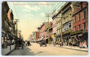 1910's WILMINGTON DELAWARE MARKET STREET FROM 2nd ST STOREFRONTS HORSES POSTCARD