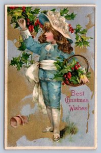 J89/ Merry Christmas Holiday Postcard c1910 Pretty Kid Holly 491