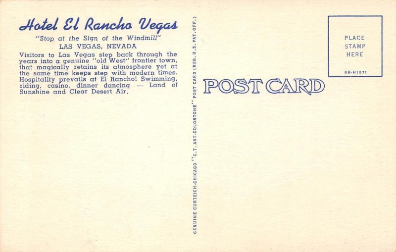 Las Vegas, Nevada HOTEL EL RANCHO VEGAS Roadside c1940s Linen Vintage Postcard