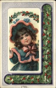 Christmas Pretty Little Girl With Ringlets Holly Border c1910 Vintage Postcard