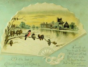 1880's-90's Embossed Christmas Card Ladies' Fan Birds Castle Lake Poem &M