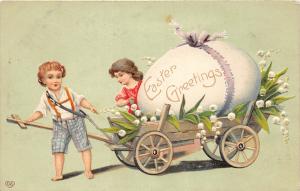 F30/ Easter Postcard Holiday Greetings 1909 Egg Cart Children Flowers 12