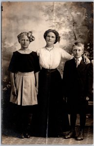 Two Ladies And A Boy Sibling Photograph Whole Body Picture Real Photo Postcard