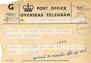 1954 Overseas Telegram to Royal Court Hotel London, UK.         Z5