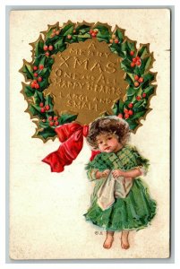 Vintage 1910's Christmas Postcard Gold Lined Mistletoe Wreath Cute Girl in Green