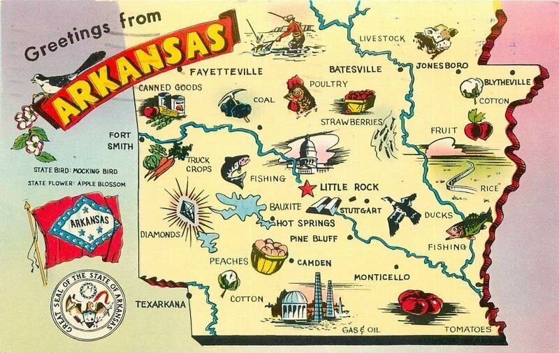 Arkansas 1959 Map Attraction Postcard Tichnor 20-10101