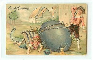 Embossed Easter Postcard 444 Little Boys Fall & Accidentally Crack Huge Blue Egg