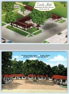 2 Postcards EUREKA, Kansas KS ~ Roadside EUREKA MOTEL ca 1940s Linens