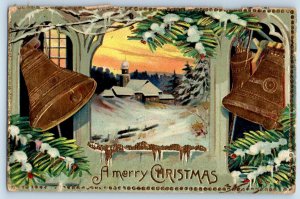 1909 Christmas Ringing Bells Winter Scene Embossed Susquehanna PA Postcard