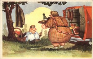 Fat Woman Brings Sausages to Fat Man with Knife Picnic Vintage Postcard