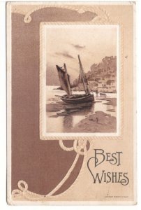 Best Wishes, Dinghy, Antique 1909 Embossed Sepia Greetings Postcard, S.M. Salke