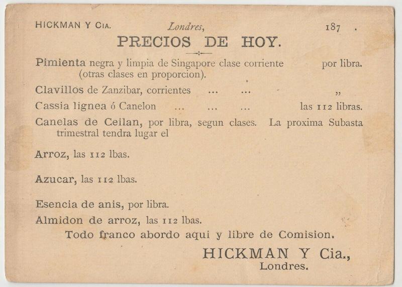 Advertising; Hickman & Cia Spice Dealer Price List On QV Postal Stationery PC 