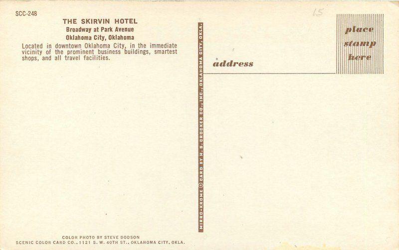 Broadway 1950s Oklahoma City Oklahoma Skirvin Hotel Crocker postcard 572