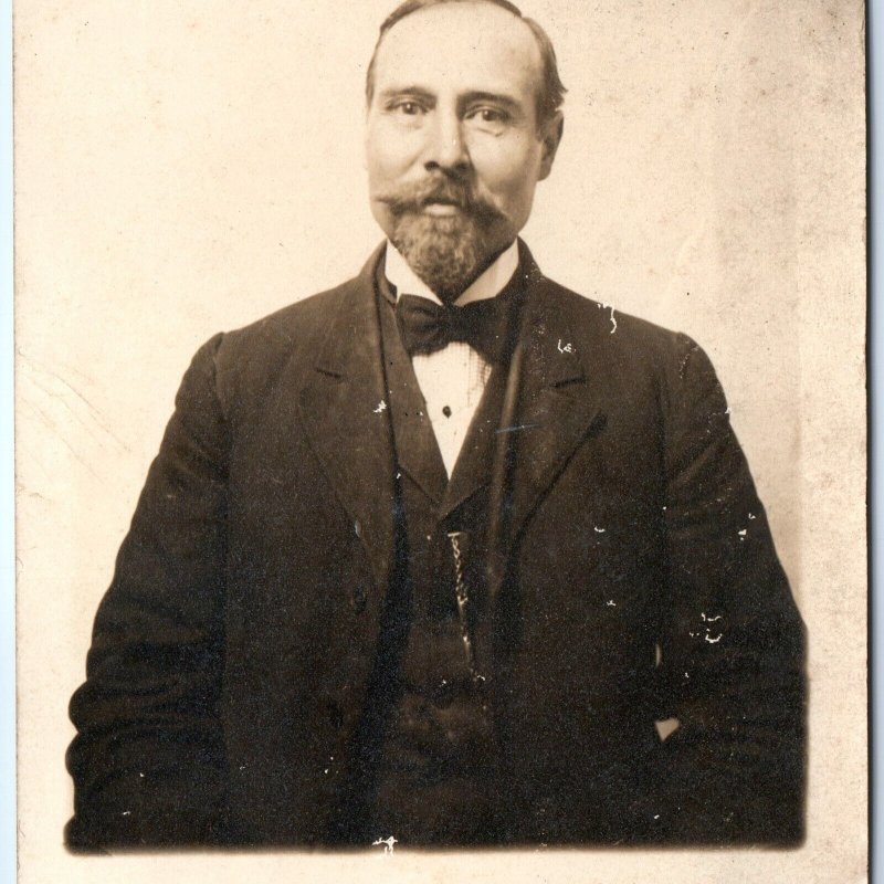 c1910s Unique Gentleman Portrait RPPC Goatee Man Smirk Real Photo Bowtie A159