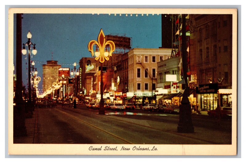 Postcard LA Canal Street At Night New Orleans Louisiana Signs Storefronts 