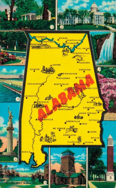 USA Alabama Map Vintage Postcard 07.32