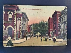 Postcard 1913 Hand Tinted View of Church Street in Amsterdam, NY.     W8