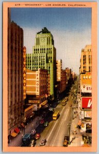 Los Angeles California 1940s Postcard Broadway Texaco Building Cars Bus
