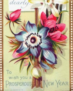 1880s Victorian New Year's Card Fabulous Flowers Blooms F21