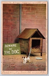 1908 Beware Of The Dog House Small Dog Puppy Posted Postcard