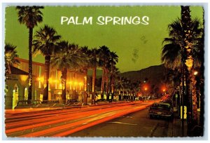 Palm Springs California CA Postcard Night Lights Along Palm Canyon 1977 Vintage