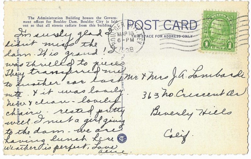 Government Administration Building Boulder City Nevada Mailed 1946