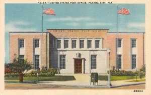 PANAMA CITY, Florida FL  POST OFFICE  Two American Flags  c1940's Linen Postcard