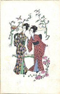 Drawn Japanese geishas silhouette fine art 1928 postcard