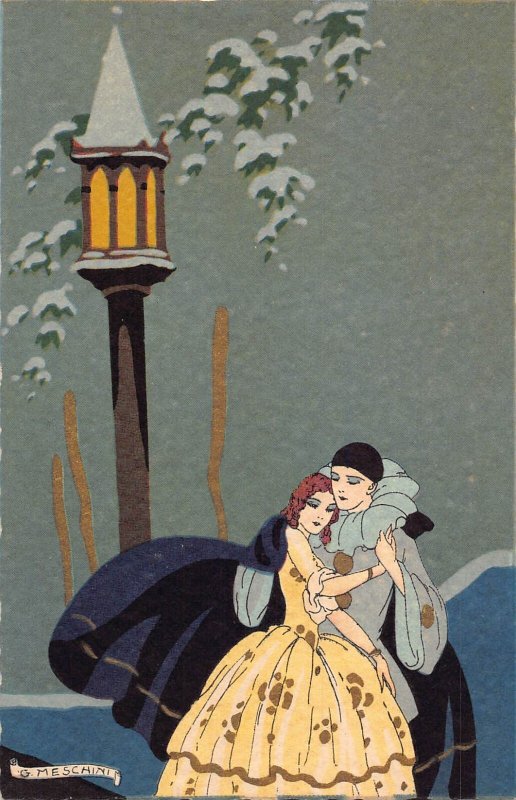 L529 Art Deco Lovers Couple Pierrot lamp by G Meschini vintage postcard