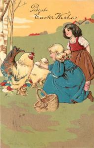 Embossed PFB Easter Postcard Ser.5753; Girls Gather Eggs from Chickens in Field