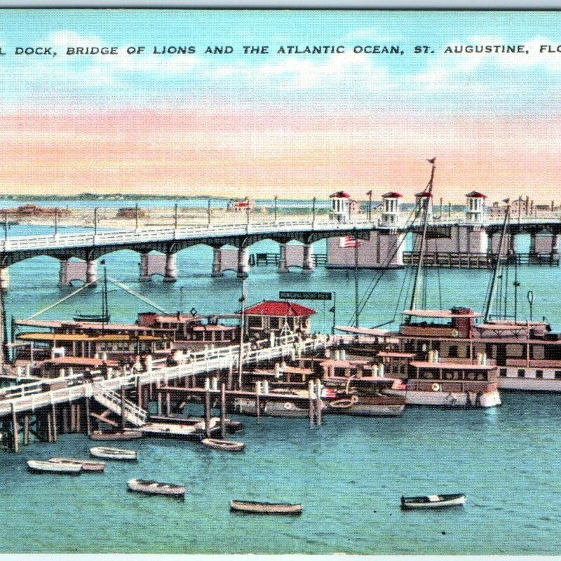 c1950s St. Augustine, Fla. Dock Bridge of Lions Postcard Sail Boats Ships A41