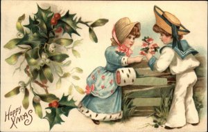 Christmas Little Girl in Bonnet Boy in Sailor Suit c1910 Vintage Postcard