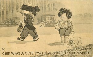 Postcard 1912 toy cylinder runabout auto girl romance Comic humor 23-12497