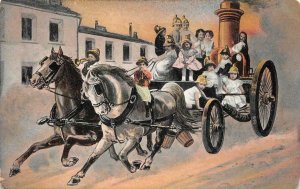 FIRE WAGON HORSES CHILDREN POSTCARD (c. 1910)